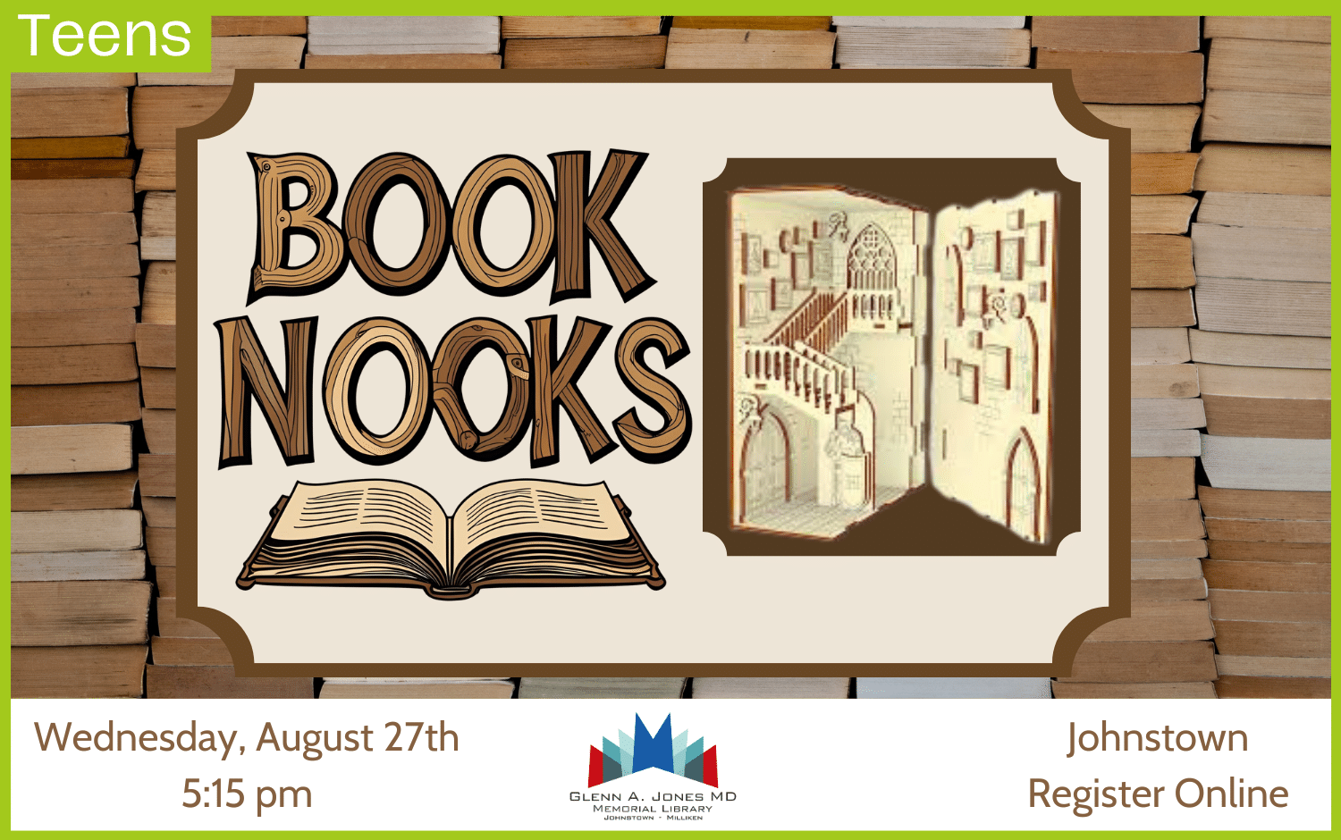 Teen Book Nooks on August 27th @ 5:15pm. Register Online.