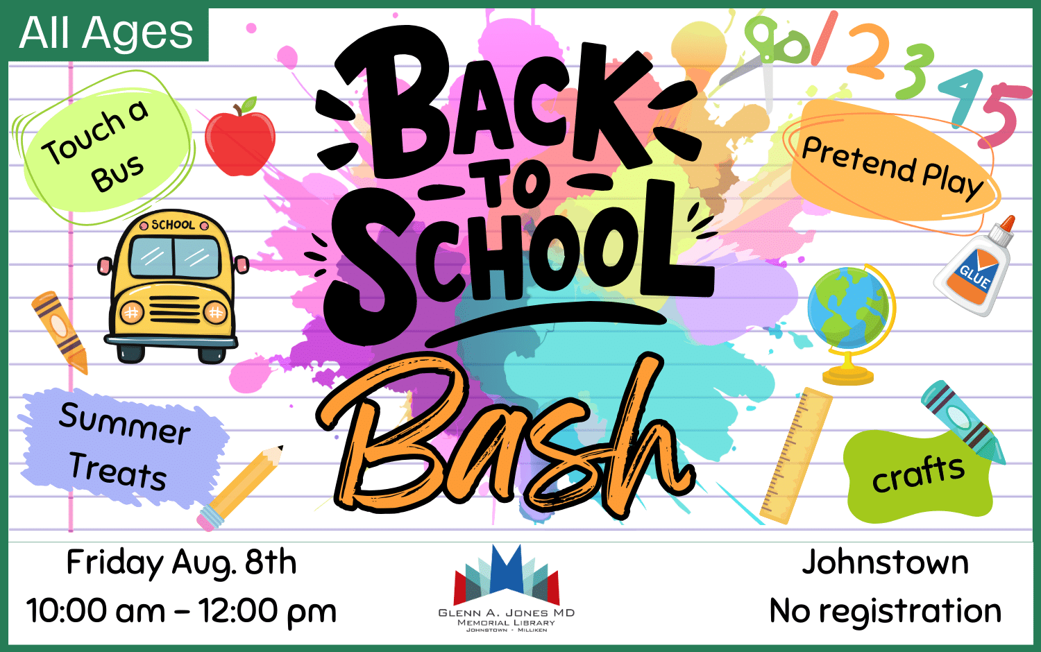 Back to School Bash on August 8th from 10am-12pm in Johnstown, no registration.