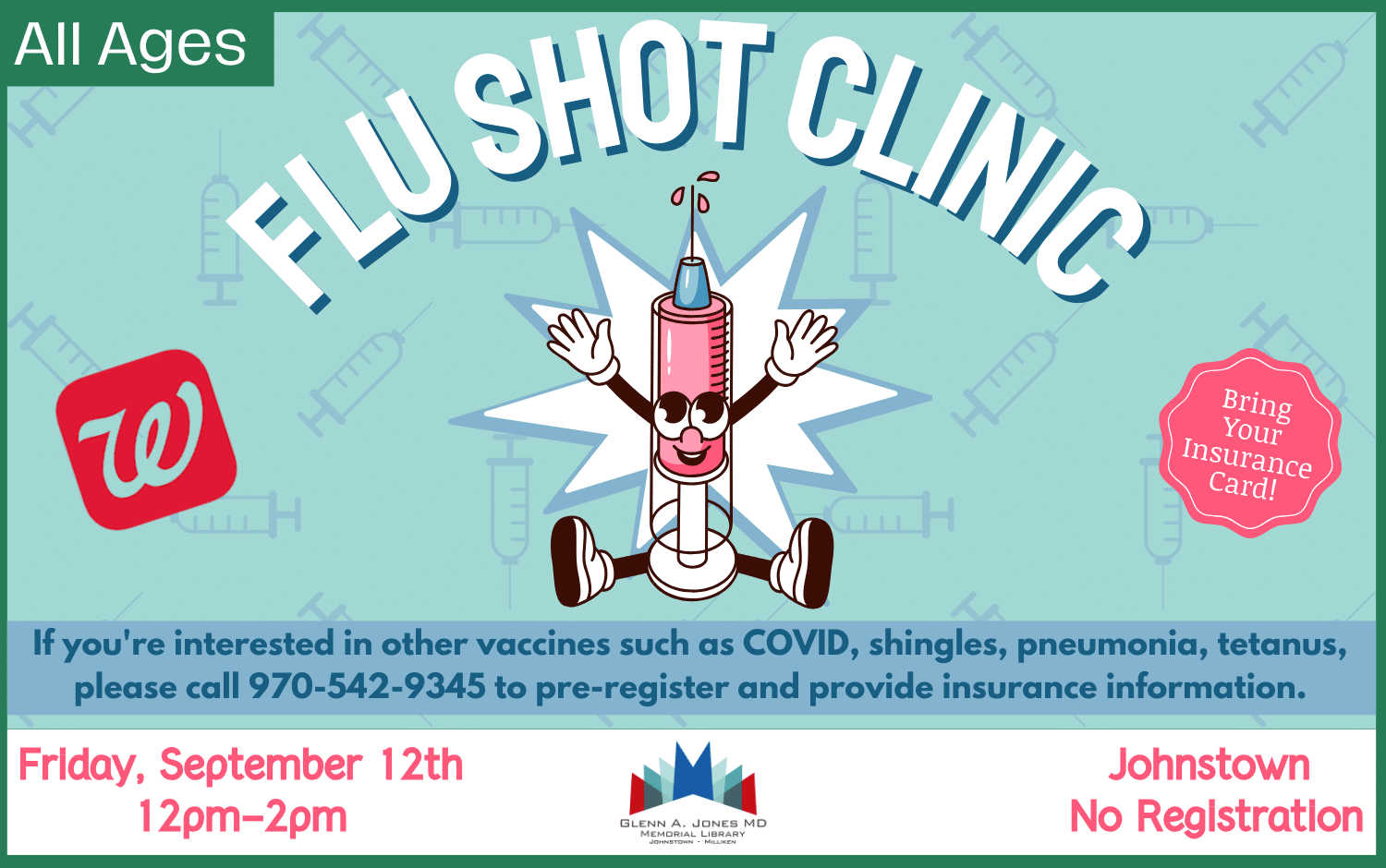 Flu Shot Clinic. Sept. 12th. 10am-12 pm in Johnstown.