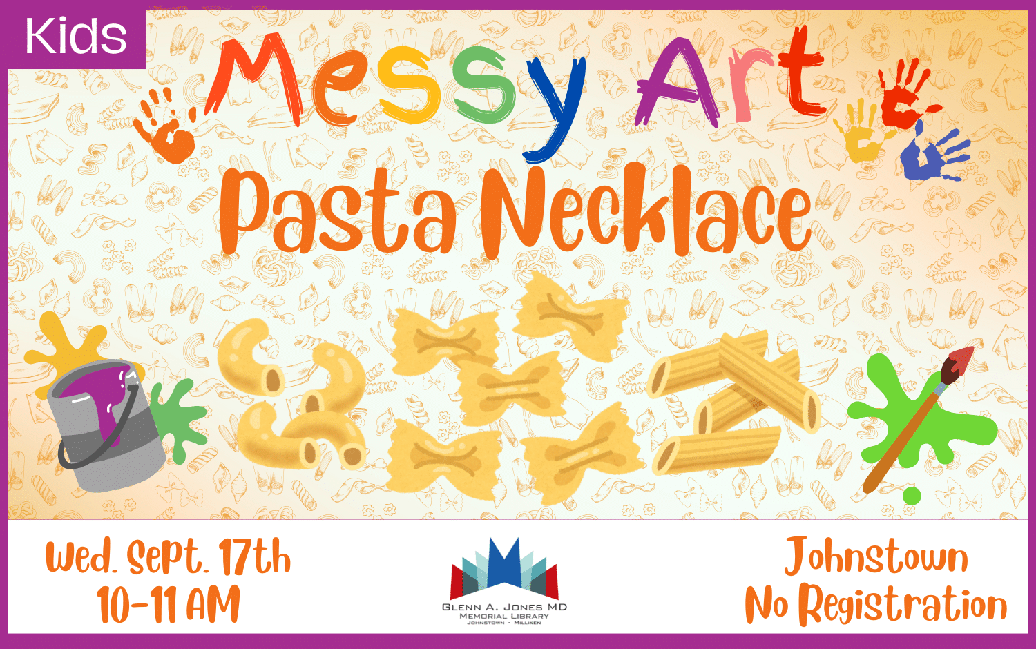 Make Pasta Necklaces at Messy Art. September 17th from 10-11am in Johnstown.