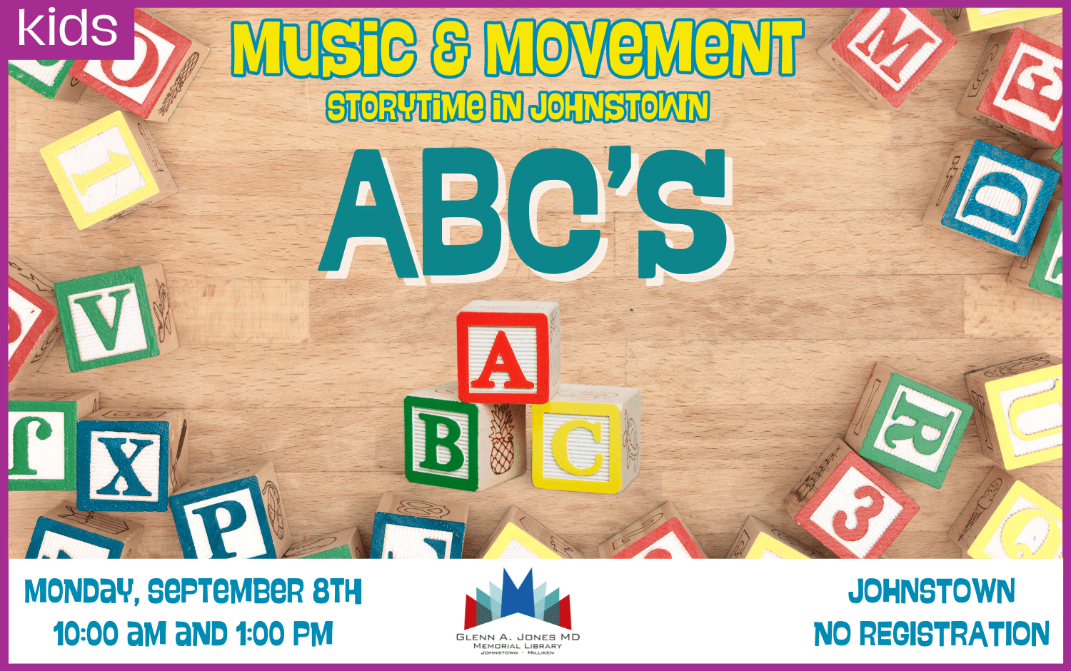 ABC's Music and Movement Storytime. Monday Sept. 8th @ 10am and 1pm