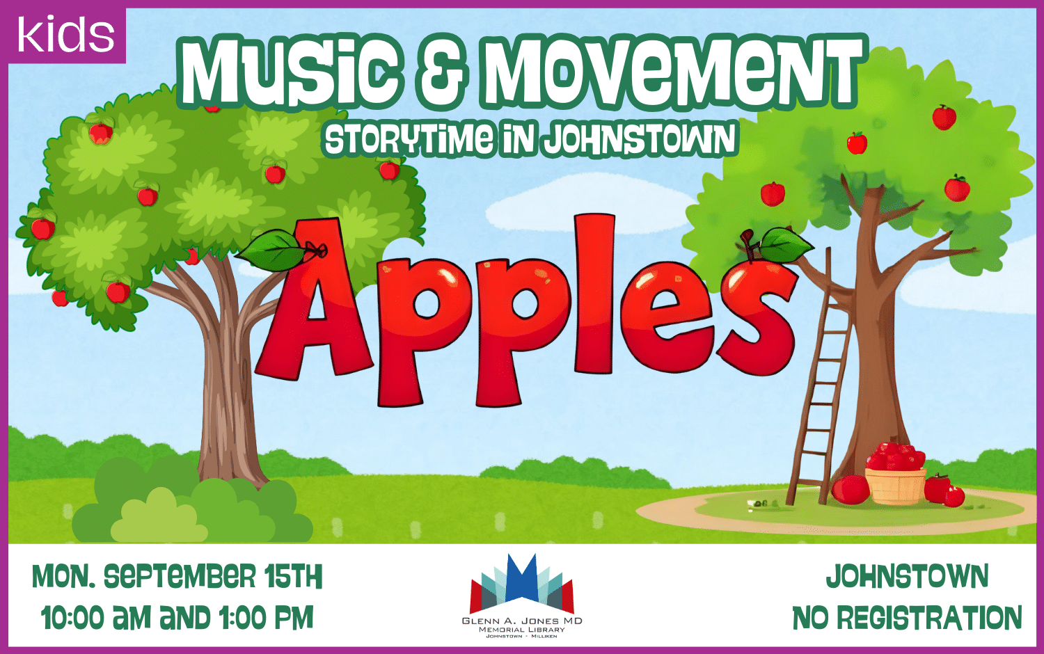 Music and Movement Apple Storytime. September 15th @ 10am and 1pm.