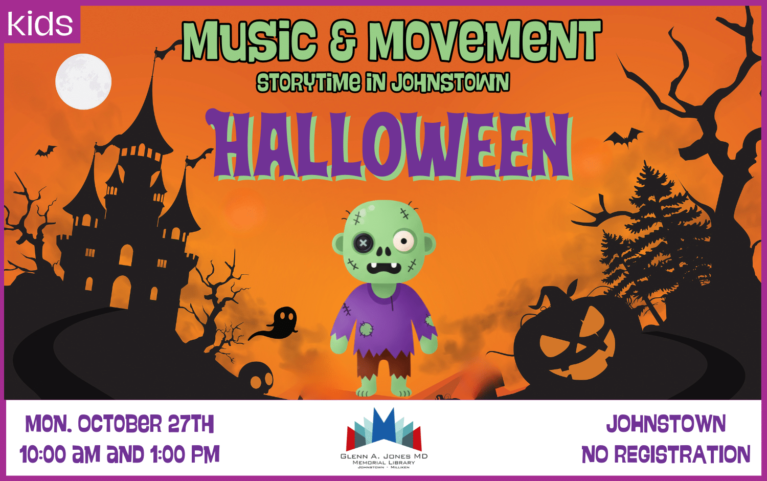 Halloween Music and Movement Storytime. Monday, October 27th @10am and 1pm.