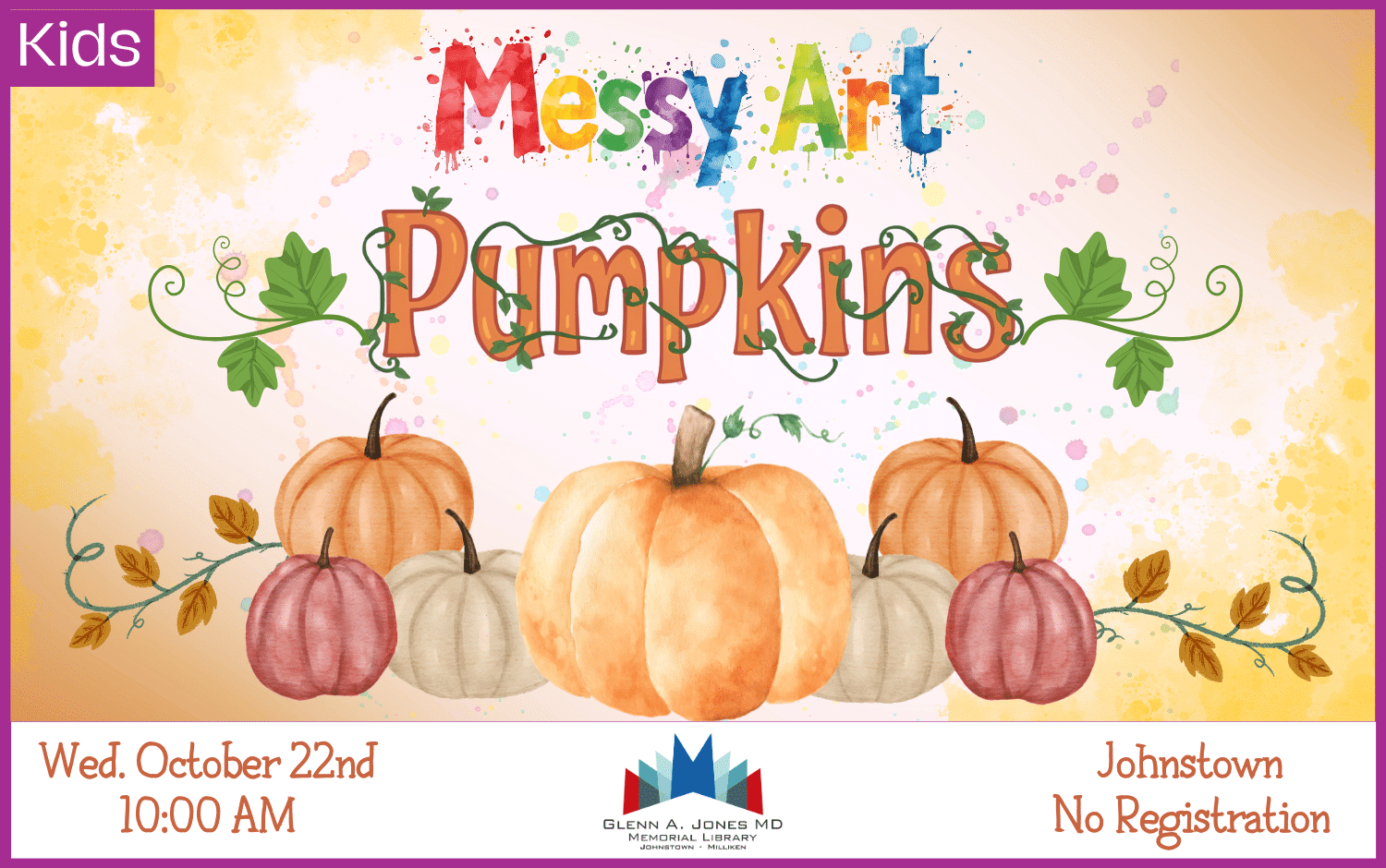 Pumpkin Messy Art. October 22nd @ 10am in Johnstown.