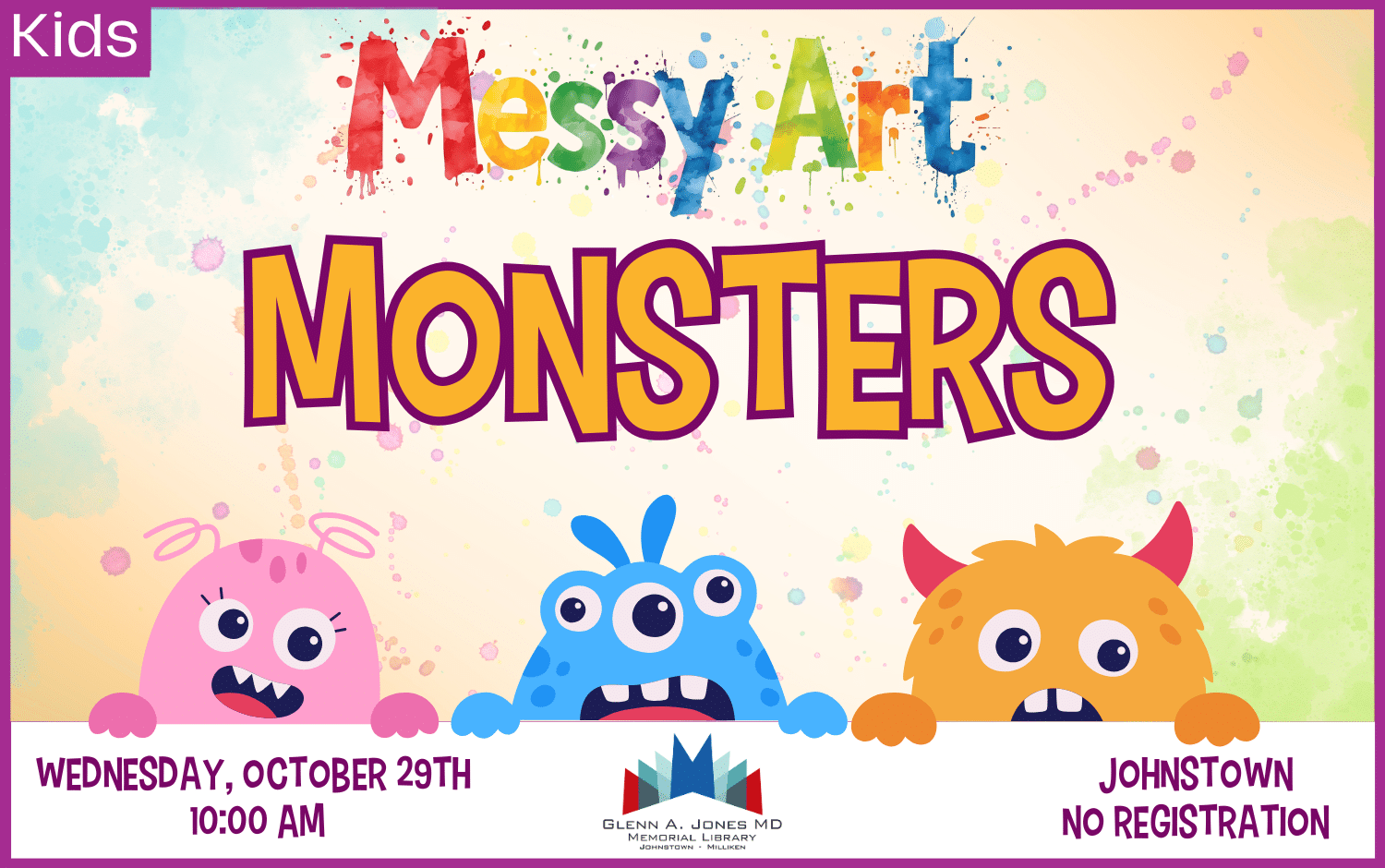 Monster Messy Art in Johnstown. Wednesday, October 29th @ 10am.