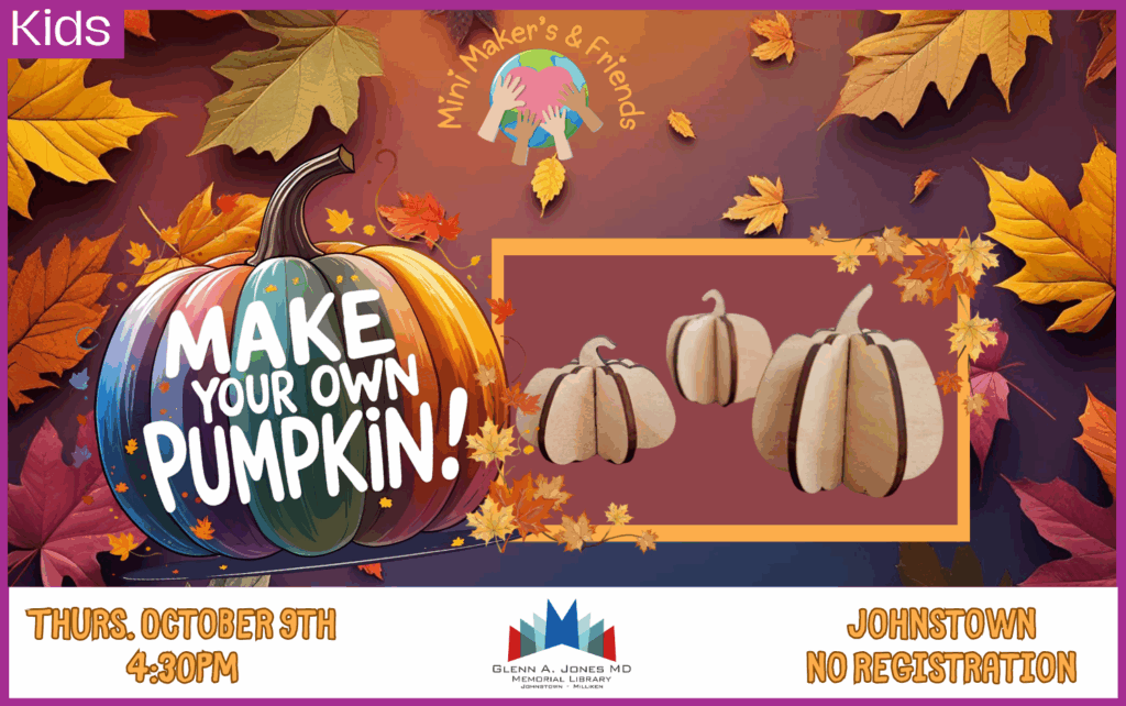 Kids of all ages, make your own custom pumpkin. October 9th @ 4:30pm. No registration