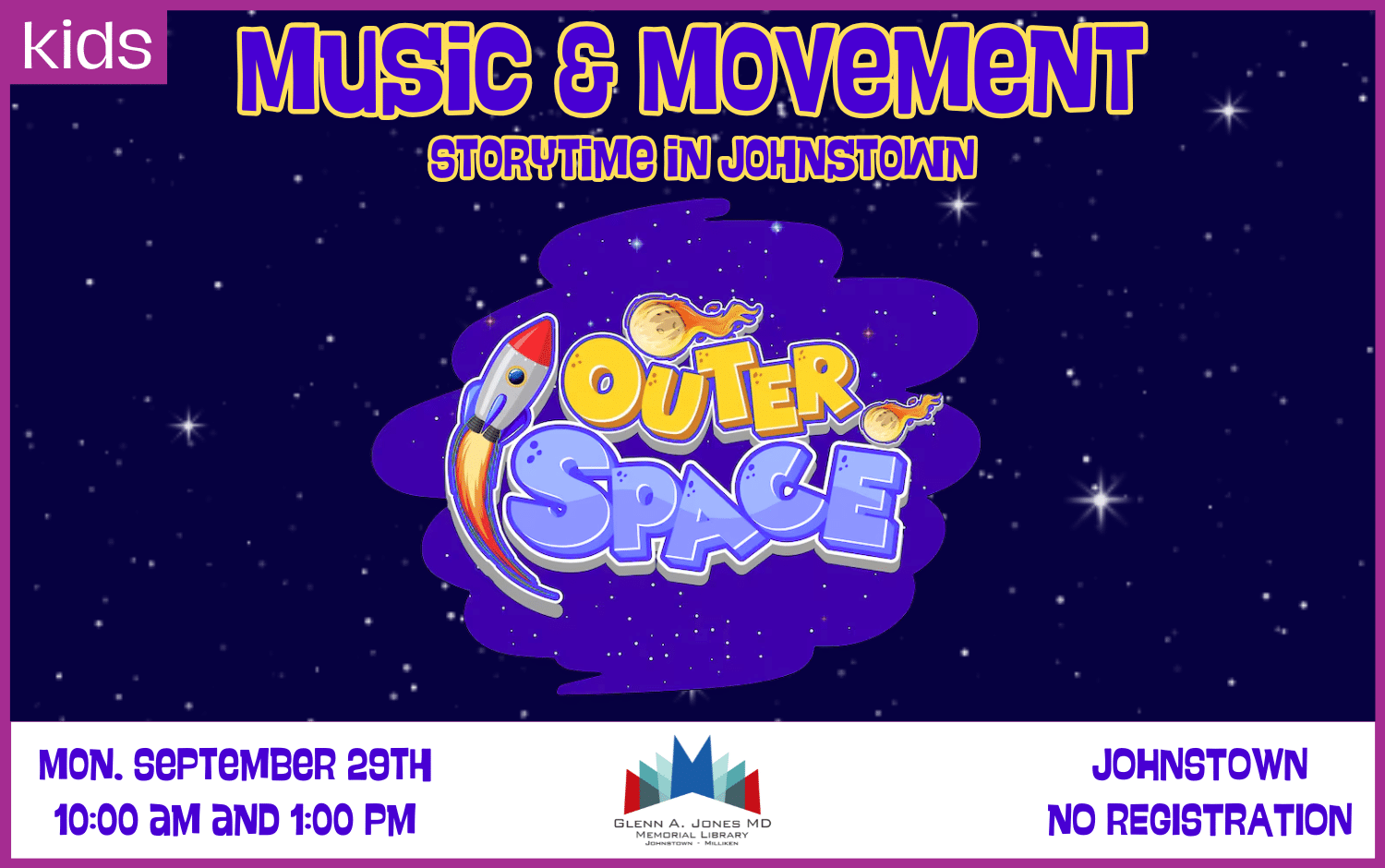 Space Music and Movement Storytime. September 29th. 10am and 1 pm.