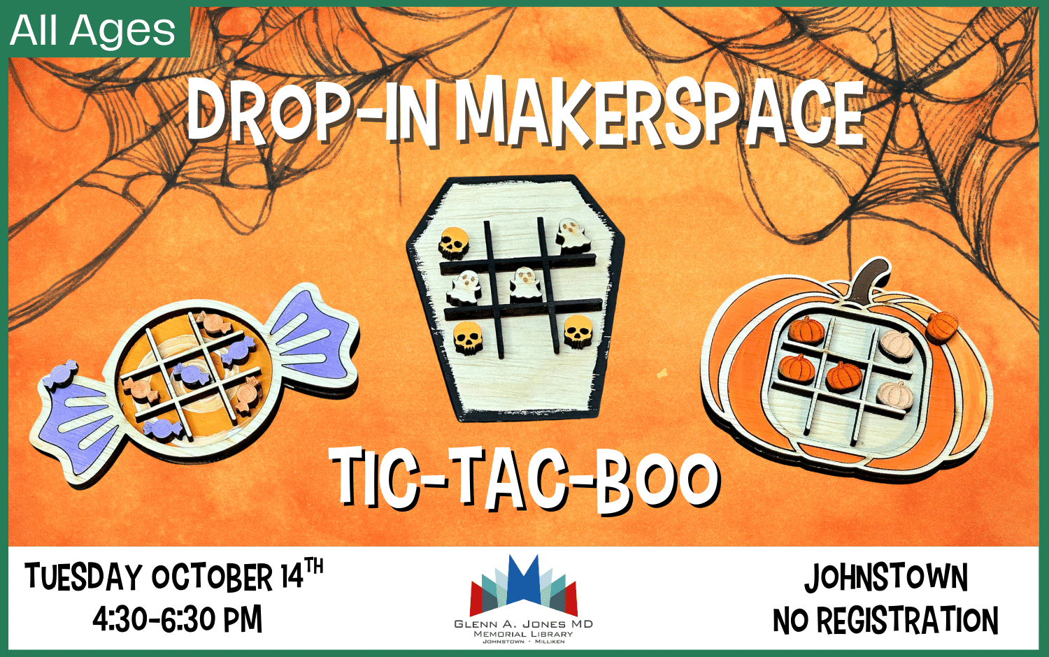 Drop-in the Makerspace to make a spooky tic-tac-toe! Tuesday, October 14th from 4:30pm-6:30pm