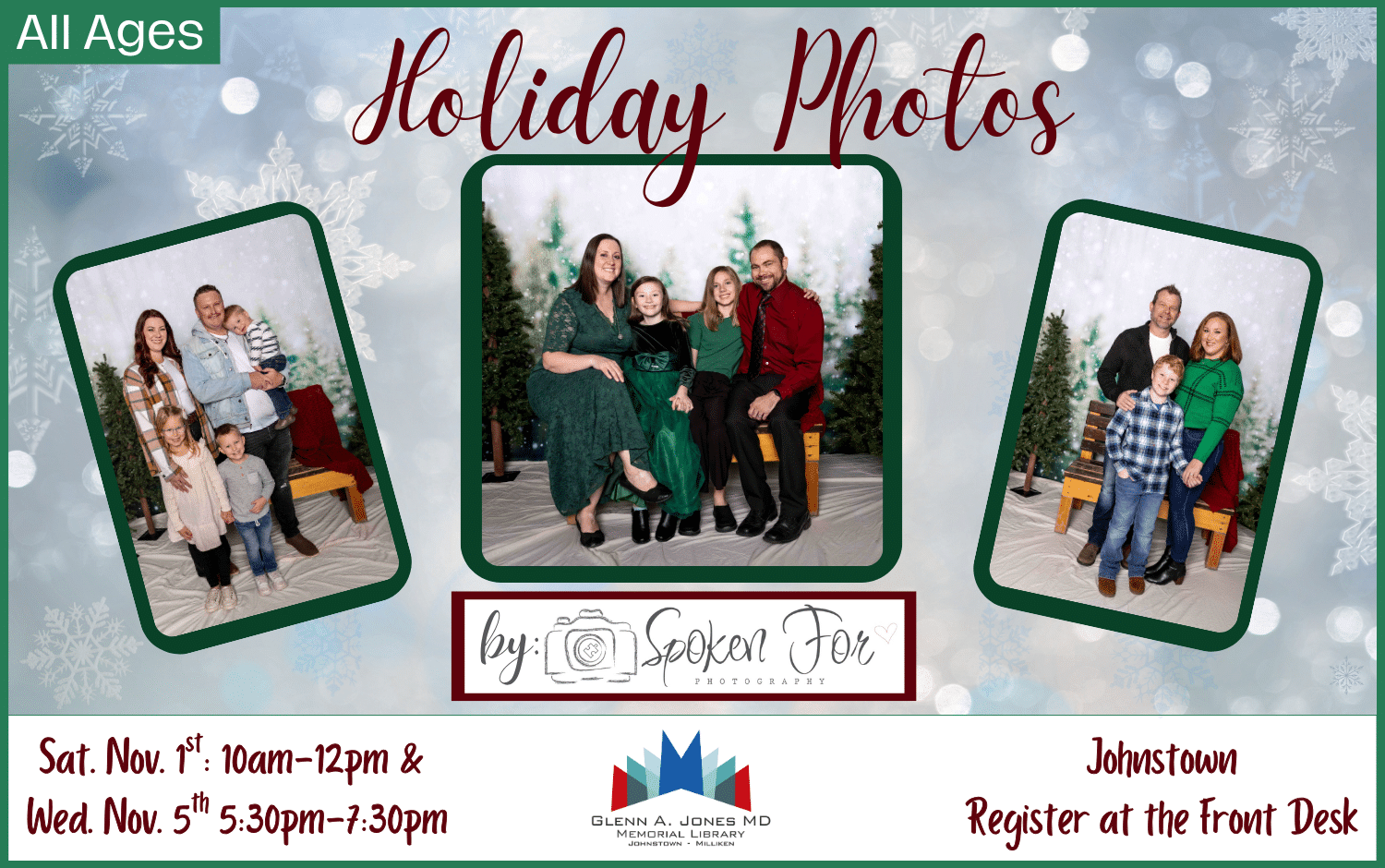 Holiday Photos with Spoken For Photography. Registration begins on October 18th at the front desk.