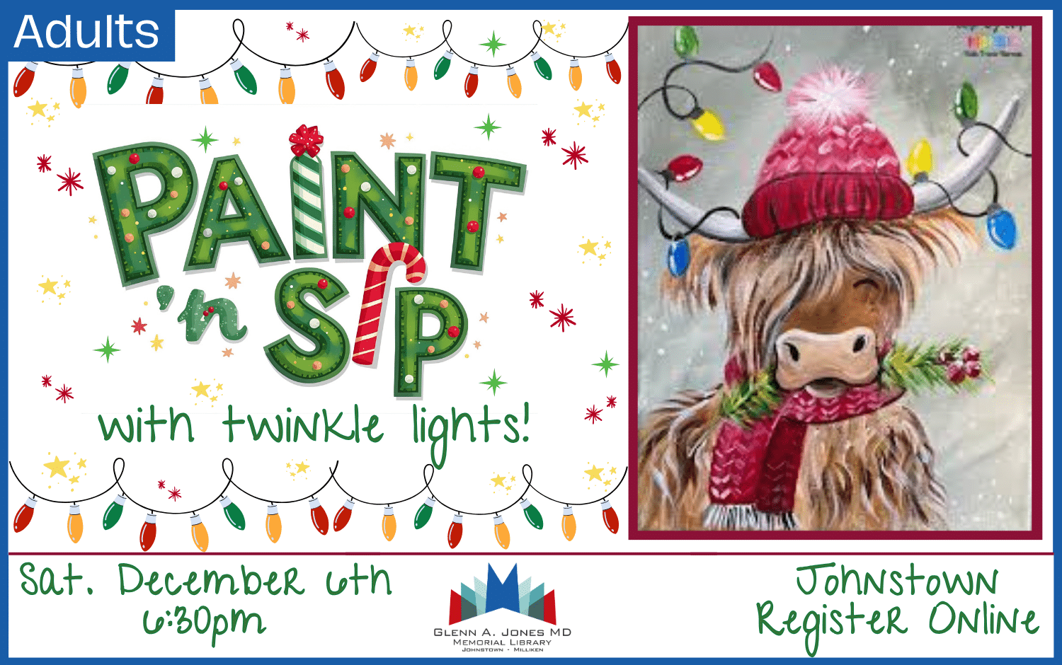 Paint 'n sip Holiday Style. December 6th @ 6:30pm. Register Online.
