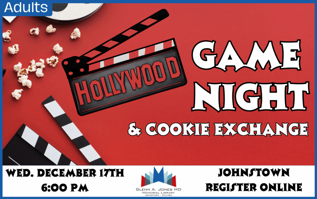 Hollywood Game Night and Cookie Exchange. December 17th @ 6:00pm. Register Online