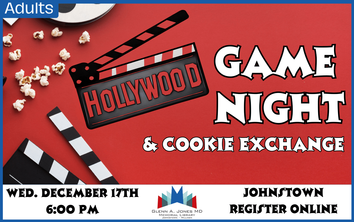 Hollywood Game Night and Cookie Exchange. December 17th @ 6:00pm. Register Online