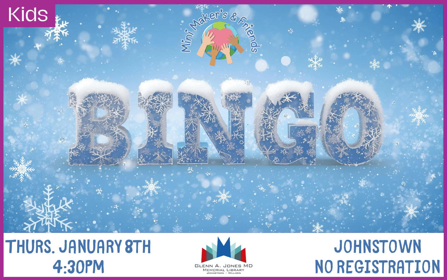 Kids Winter Bingo. January 8th @ 4:30 pm.