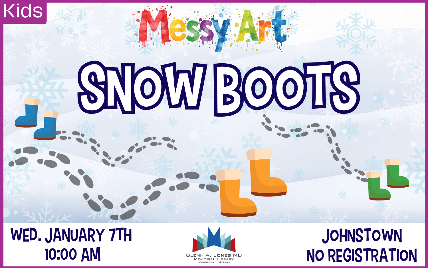 Snow Boots Messy Art. Wed. January 7th @ 10am.