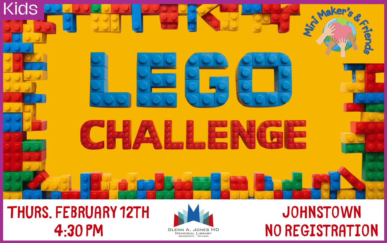 Lego Challenge for Kids. February 12th @ 4:30 pm. No Registration