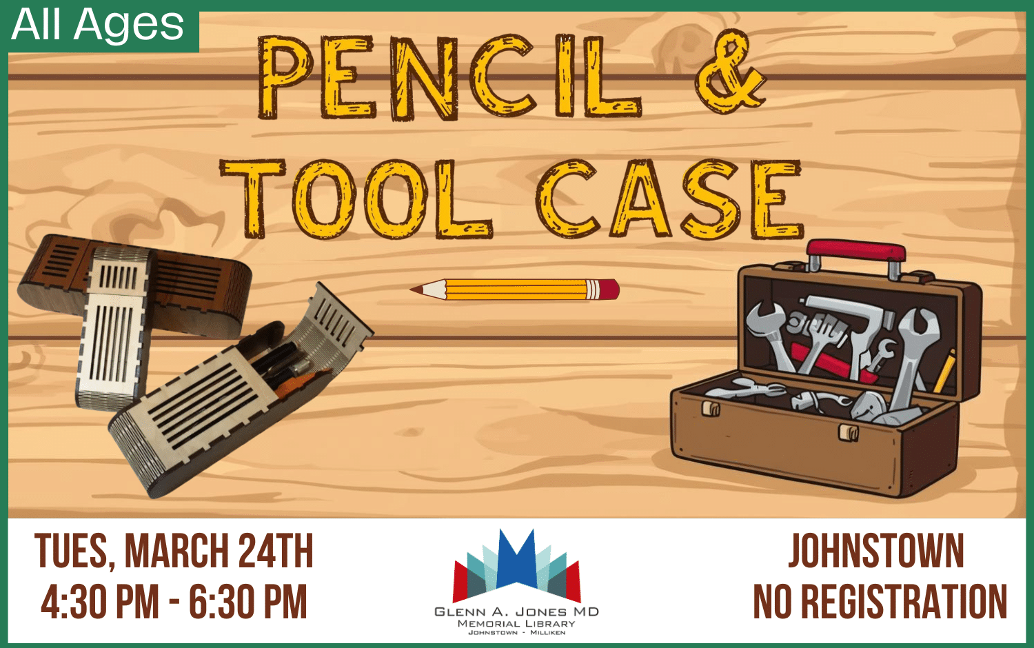 Drop-in the Makerspace to make a pencil and tool case. March 24th from 4:30-6:30 pm.
