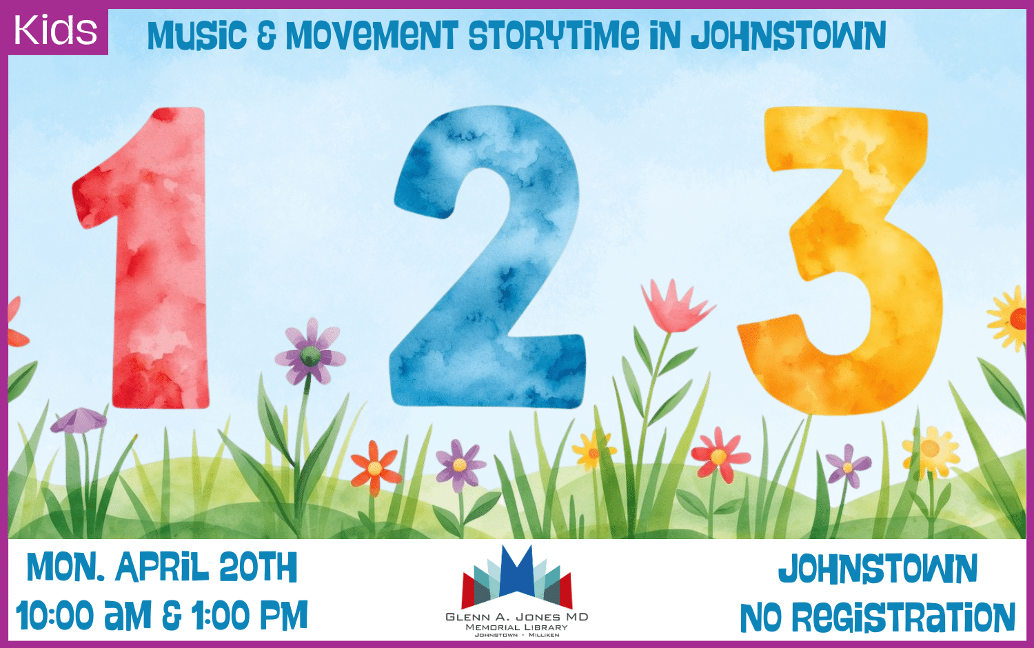 1,2,3 Music & Movement Storytime. April 20th @ 10 am and 1 pm.