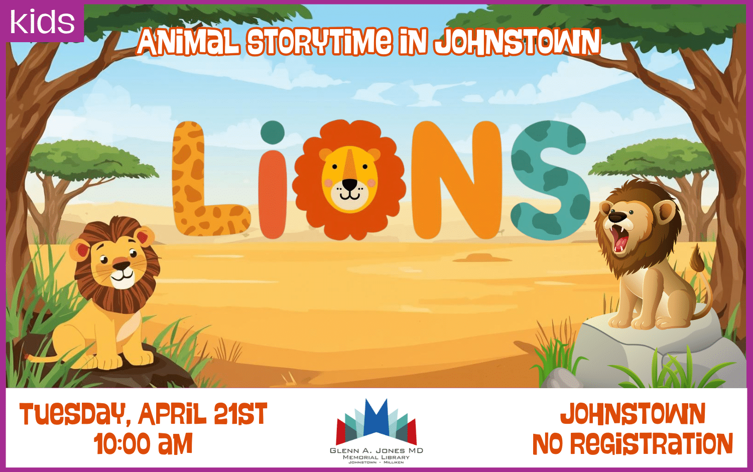Lion Storytime in Johnstown. April 21st @ 10 am.