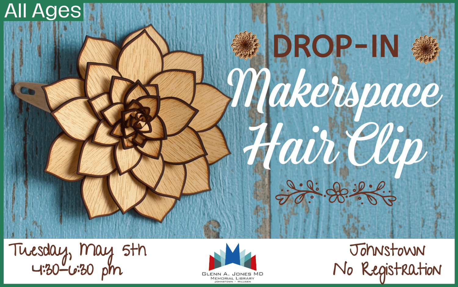 Drop-In the Makerspace to make Hair Clips. May 5th from 4:30-6:30 pm