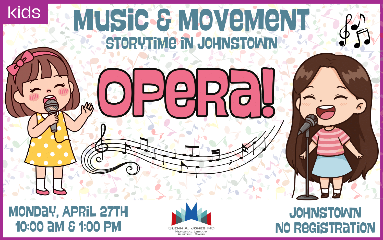 Music & Movement Storytime. Monday, April 27th @ 10am and 1pm.