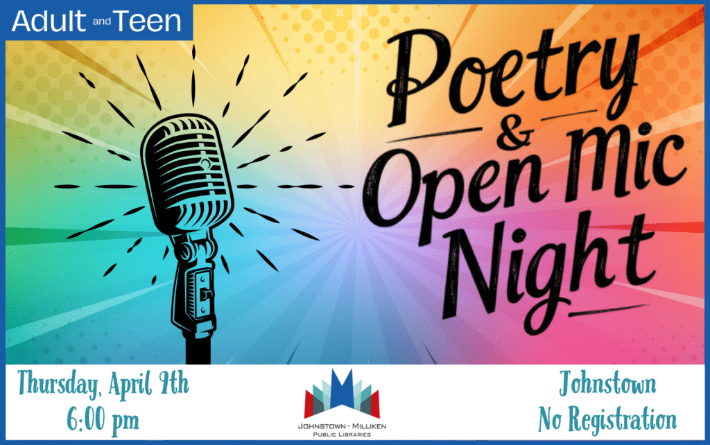 Poetry and Open Mic Night. April 9th @ 6pm. No Registration